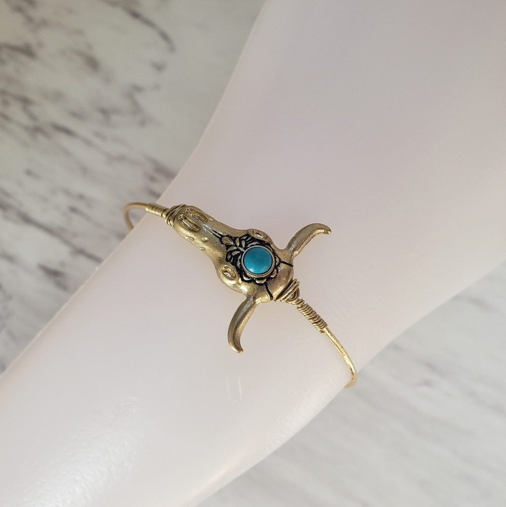 Goldtone and Turquoise Bead Steer Skull Bangle - Picture 7 of 7